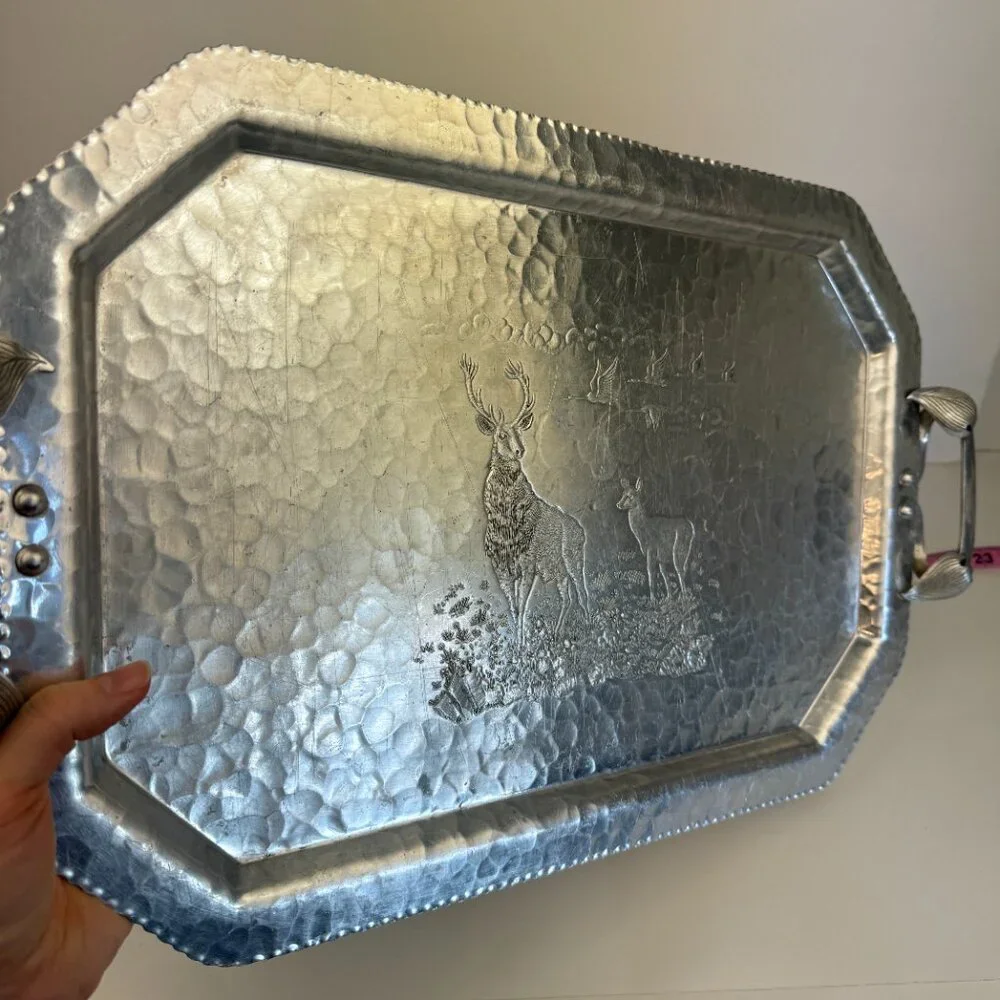 Vtg Deer‎ Geese Trade Continental Hand Wrought Hammered Aluminum Tray w Handles - Picture 11 of 11